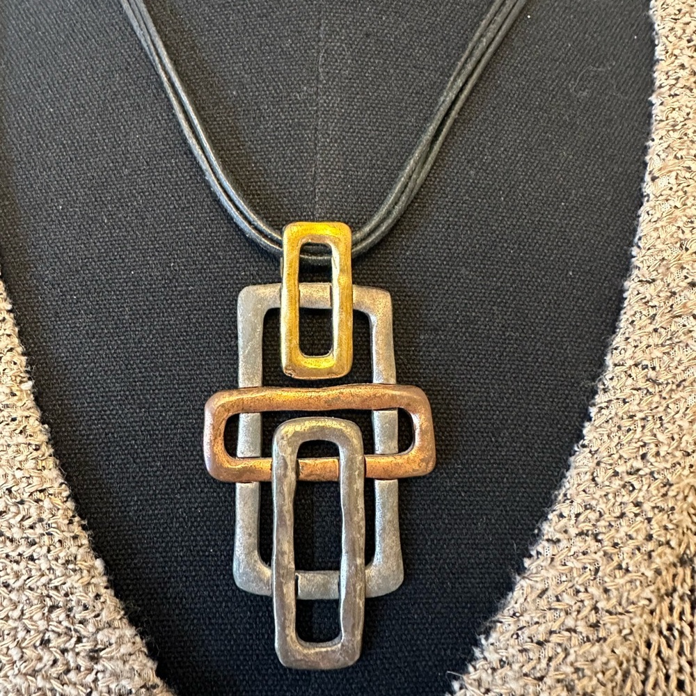 Modern Geometric Statement Necklace Mixed Metal Pendant Black Cord